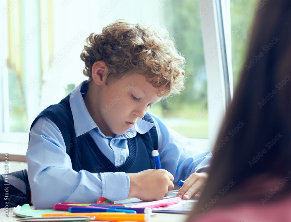 Education and childhood concept. Boy does the lesson exercise during the lesson of primary school. Education and childhood concept. Boy does the lesson exercise during the lesson of primary school.