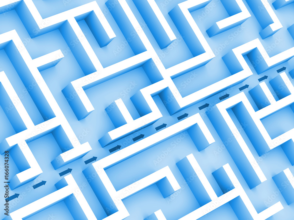 huge maze structure, blue arrows showing shortcut through the labyrinth