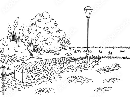Park graphic black white bench lamp landscape sketch illustration vector