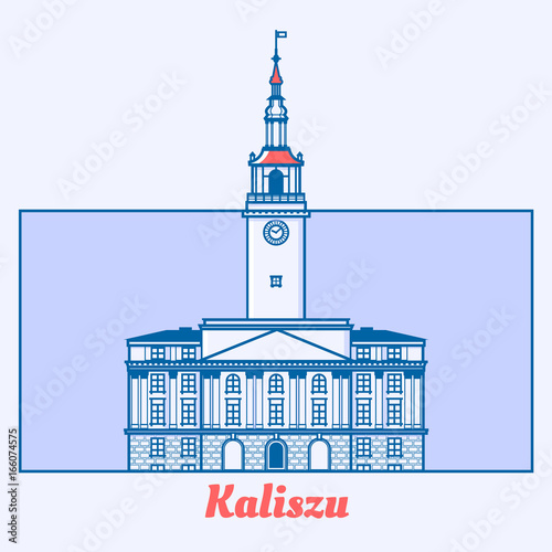 Poland Municipal house illustration in line art design. Townhall in Kalisz landmark emblem in linear style.