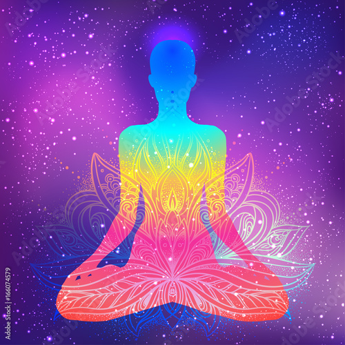 Sitting Buddha silhouette. Vintage decorative vector illustration. Hand drawn mandala. Mehenidi ornate decorative style. Yoga studio, Indian, Buddhism, Esoteric motifs.