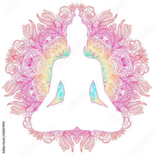 Sitting Buddha silhouette. Vintage decorative vector illustration. Hand drawn mandala. Mehenidi ornate decorative style. Yoga studio, Indian, Buddhism, Esoteric motifs.