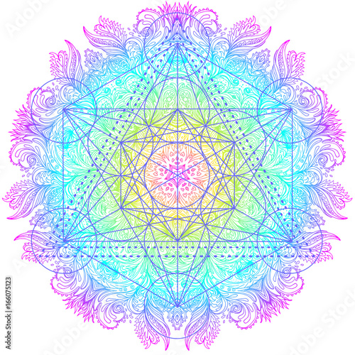 Decorative mandala round pattern with sacred geometry element Metatron Cube, powerful symbol, Flower of Life. Alchemy, philosophy, spirituality. Design music cover, t-shirt, poster.