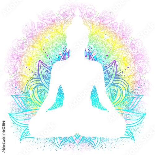 Sitting Buddha silhouette. Vintage decorative vector illustration. Hand drawn mandala. Mehenidi ornate decorative style. Yoga studio, Indian, Buddhism, Esoteric motifs.