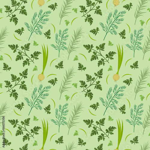 Herbs seamless pattern. Parsley, dill, razmarin endless background, texture. Vegetable backdrop Vector illustration