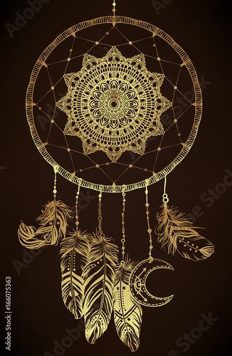 Hand drawn clip art of Native American Indian talisman dreamcatcher with feathers and moon symbol. Vector hipster illustration in gold over black background.