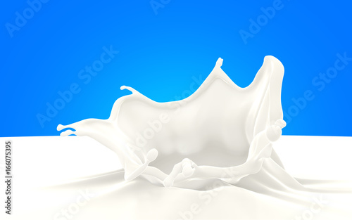 3D Milk with milk splash on blue background.