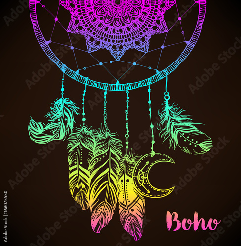 Hand drawn Native American Indian talisman dreamcatcher with feathers and moon. Vector hipster colorful gradient illustration isolated on black.