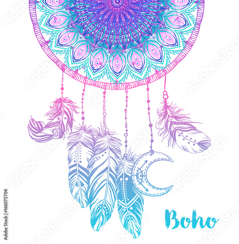 Hand drawn Native American Indian talisman dreamcatcher with feathers and moon. Vector hipster colorful gradient illustration isolated on black.