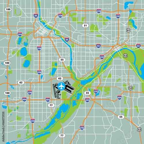 Vector Twin Cities Minneapolis-Saint Paul, USA Road Map Green Background