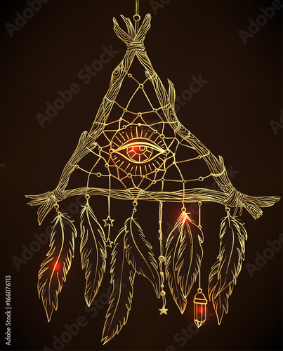 Hand drawn drawing of a triangle-shaped dreamcatcher with feathers. Vector illustration isolated. Ethnic tattoo design with American Indians amulet, tribal in gold over black