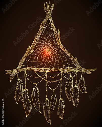 Hand drawn drawing of a triangle-shaped dreamcatcher with feathers. Vector illustration isolated. Ethnic tattoo design with American Indians amulet, tribal in gold over black