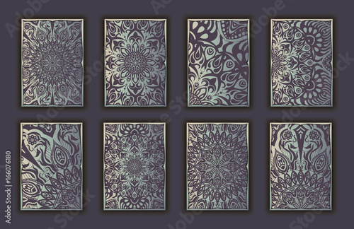 Card set with mosaic lace decorative elements background. Asian Indian oriental ornate banners.