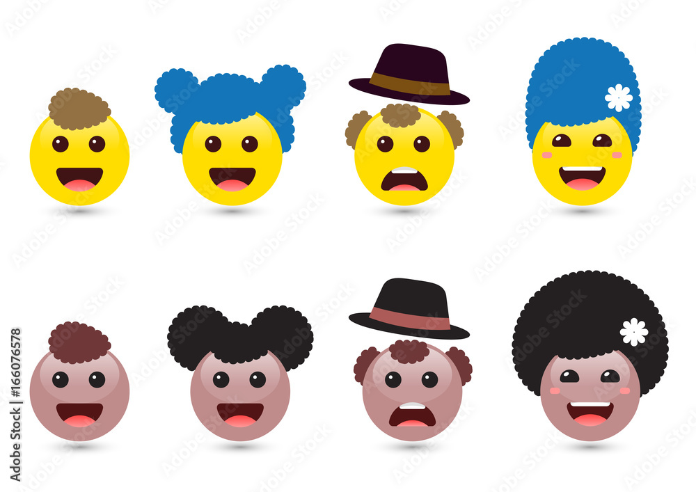 Vector illustration of family of cute smiley emoticons on white background. Joyful and sad icons of friends with hair. Vector illustration of family of cute smiley emoticons on white background. Joyful and sad icons of friends with hair.