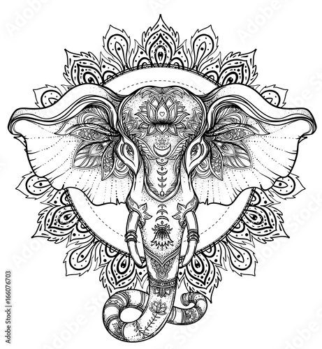 Beautiful hand-drawn tribal style elephant over mandala. Colorful design with boho pattern, psychedelic ornaments. Ethnic poster, spiritual art, yoga. Indian god Ganesha, Indian symbol.