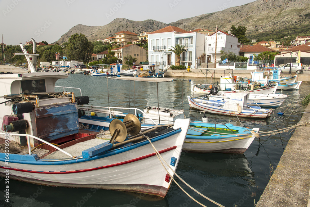 Plagia, Greece- May 12, 2017 : Fishing port in Plagia, Greece