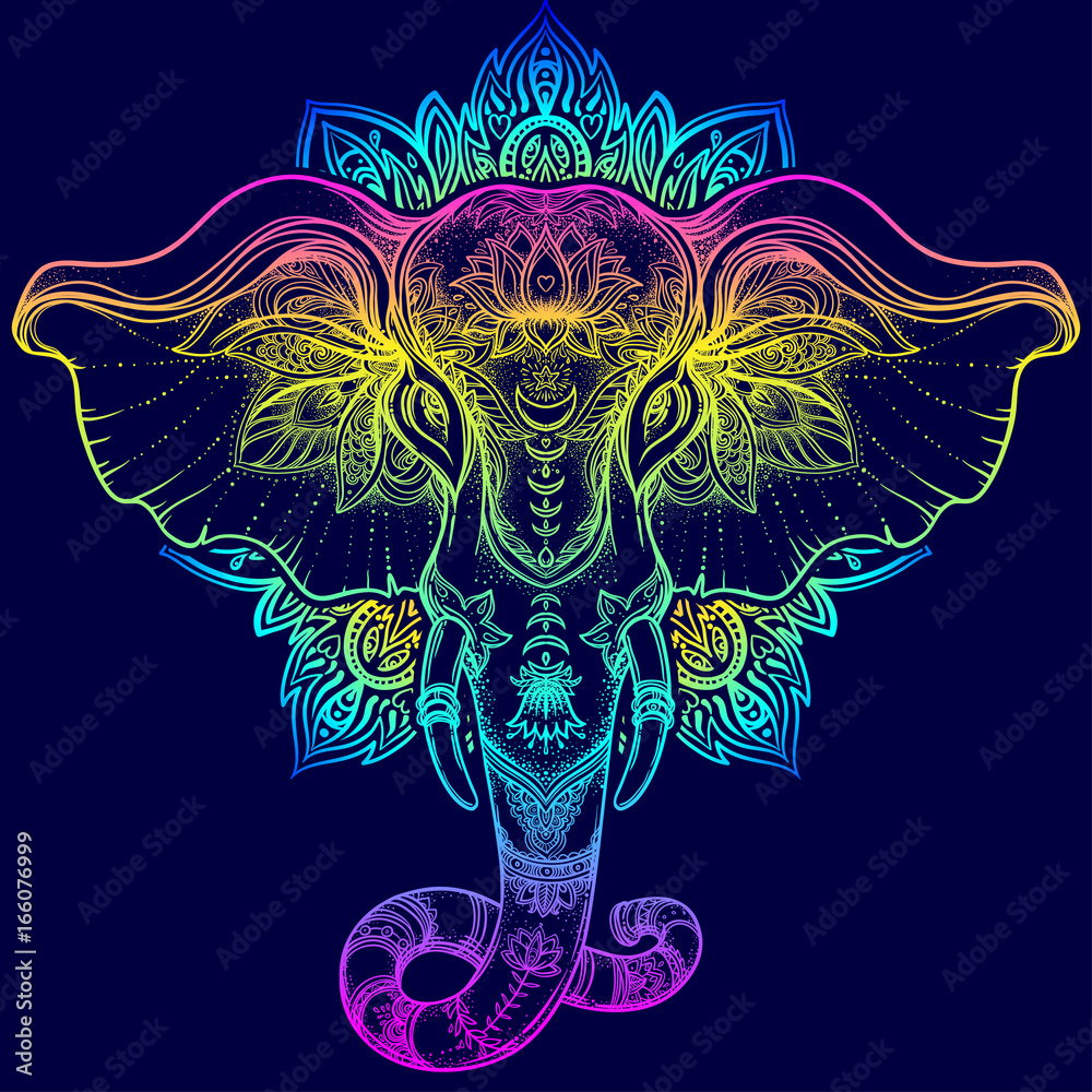 Naklejka premium Piękny ręcznie rysowane słoń w stylu plemiennym nad mandalą. Kolorowy wzór ze wzorem boho, psychodeliczne zdobienia. Plakat etniczny, sztuka duchowa, joga. Indyjski bóg Ganesha, indyjski symbol.