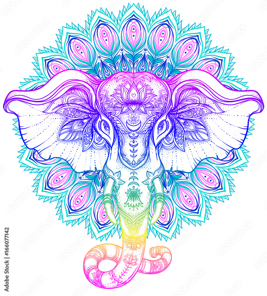 Naklejka premium Piękny ręcznie rysowane słoń w stylu plemiennym nad mandalą. Kolorowy design ze wzorem boho, psychodeliczne zdobienia. Plakat etniczny, sztuka duchowa, joga. Indyjski bóg Ganesha, indyjski symbol.