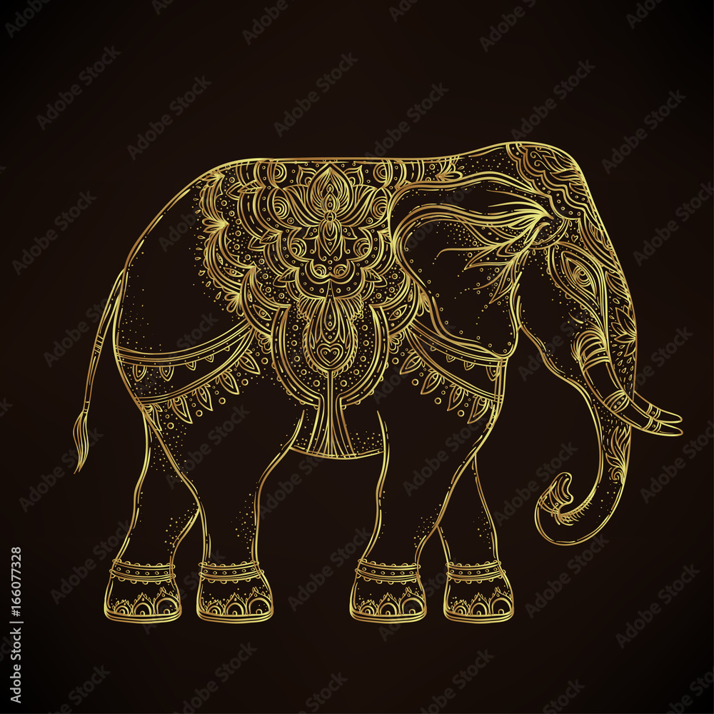 Obraz premium Beautiful hand-drawn tribal style elephant over mandala. Colorful design with boho pattern, psychedelic ornaments. Ethnic poster, spiritual art, yoga. Indian god Ganesha, Indian symbol.