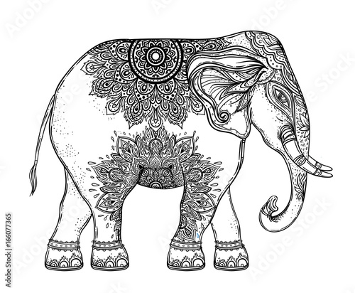 Beautiful hand-drawn tribal style elephant over mandala. Colorful design with boho pattern, psychedelic ornaments. Ethnic poster, spiritual art, yoga. Indian god Ganesha, Indian symbol.