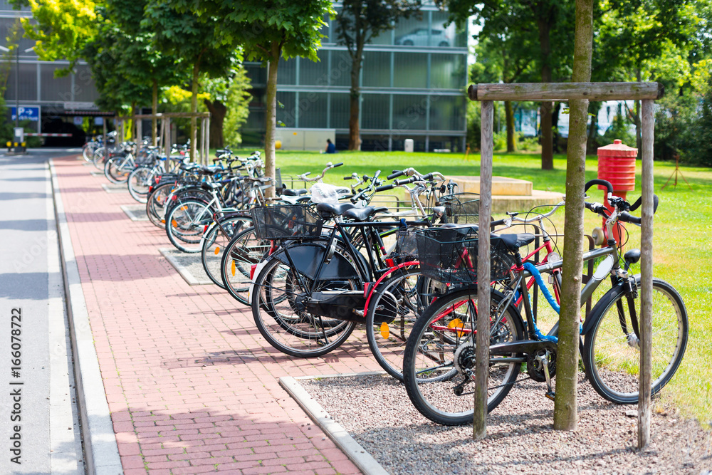 Public park with bicycle parking in Dusseldorf, Germany