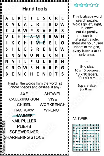 Hand tools themed zigzag word search puzzle (suitable both for kids and adults). Answer included. 