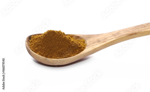 Turmeric (Curcuma) powder pile in wooden spoon isolated on white background