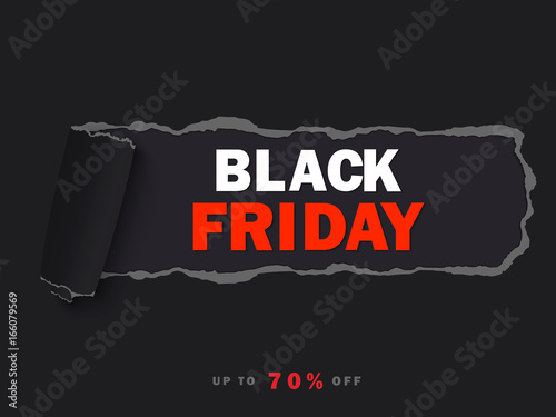 Black Friday sale background. Hole in black paper. Black Friday banner. Up to 70% off. Special offer. Vector illustration EPS10
