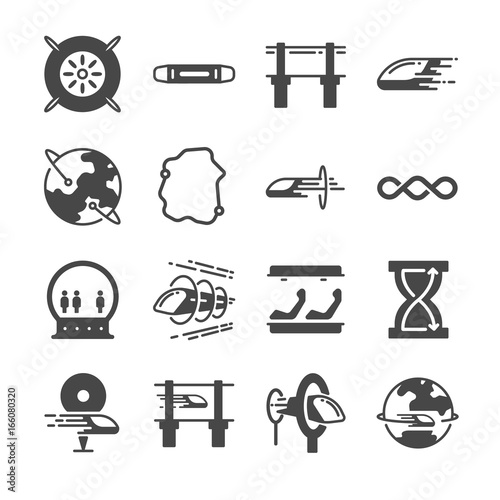 Futuristic transportation icon set. Included the icons as hyper, train, loop, speed, acceleration and more.