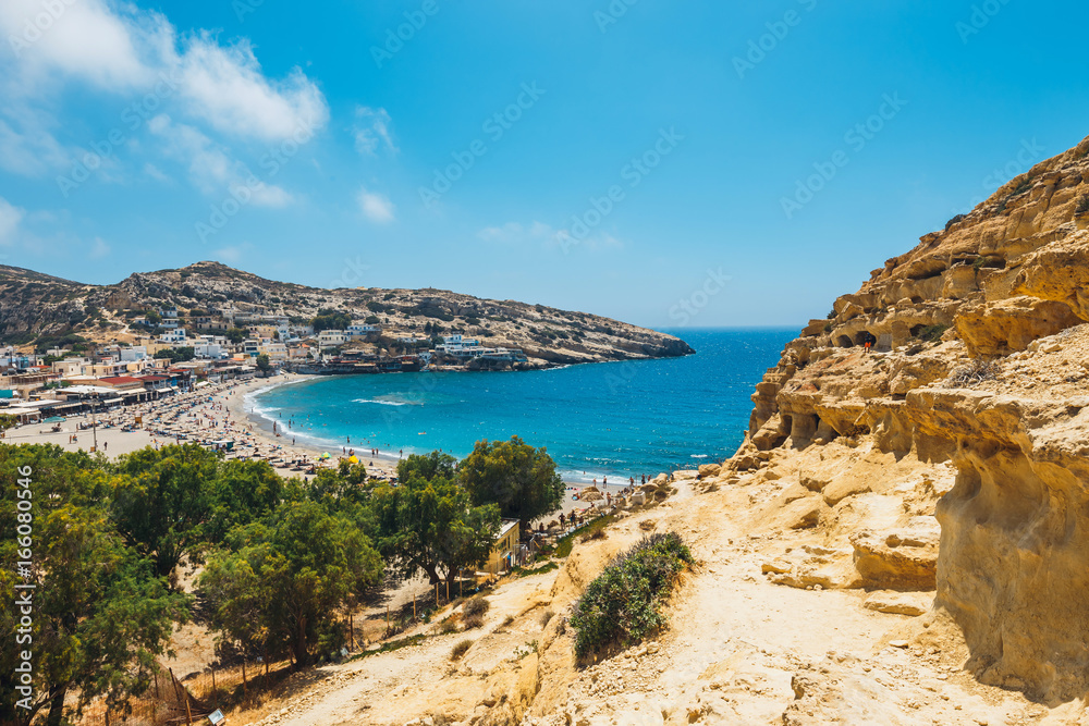 Matala beach. Caves on the rocks were used as a roman cemetery and at the decade of 70's were living hippies from all over the world, Crete, Greece