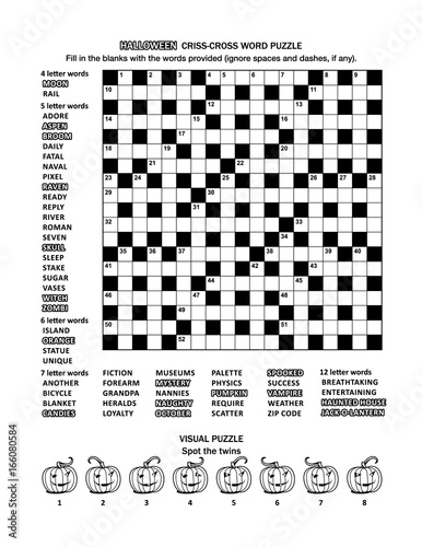 Halloween themed puzzle page with 19x19 criss-cross word game (English language) and visual puzzle with whimsical pumpkins.  Black and white, A4 or letter sized.
