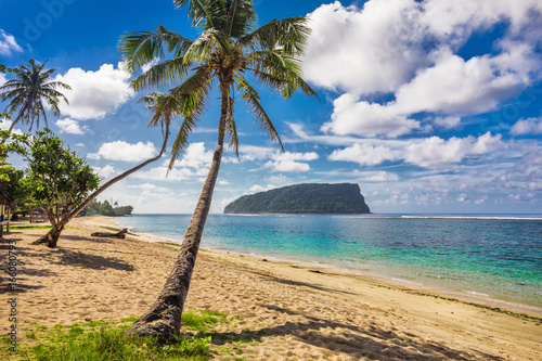 Tropical beach with a coconut palm trees and a beach fales, Samoa