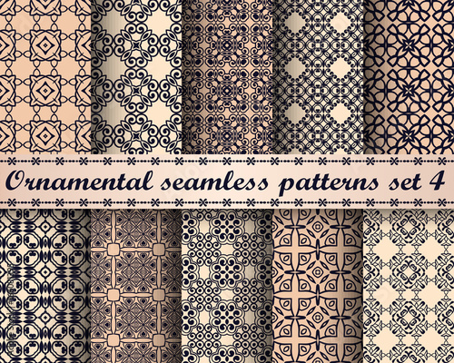 Set of ten seamless repeating ornamental vintage patterns. Template for design of wrapping paper, packaging, fabric, textile, wallpaper, tile, oilcloth and other.