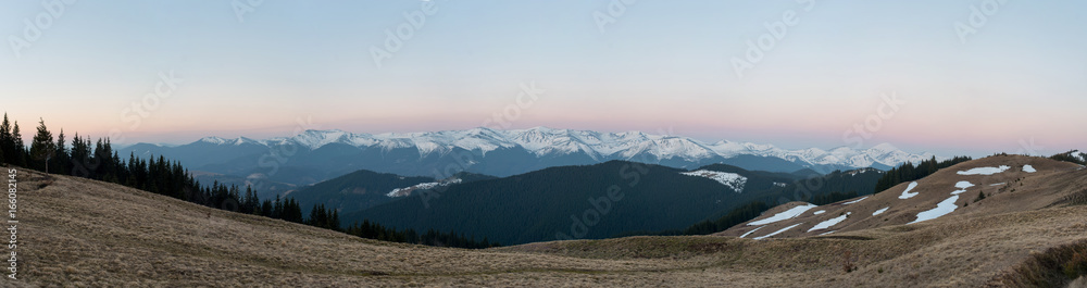 Panoramic shot of snowy mountains hiking active tourism sports recreational idyllic view harmony nature