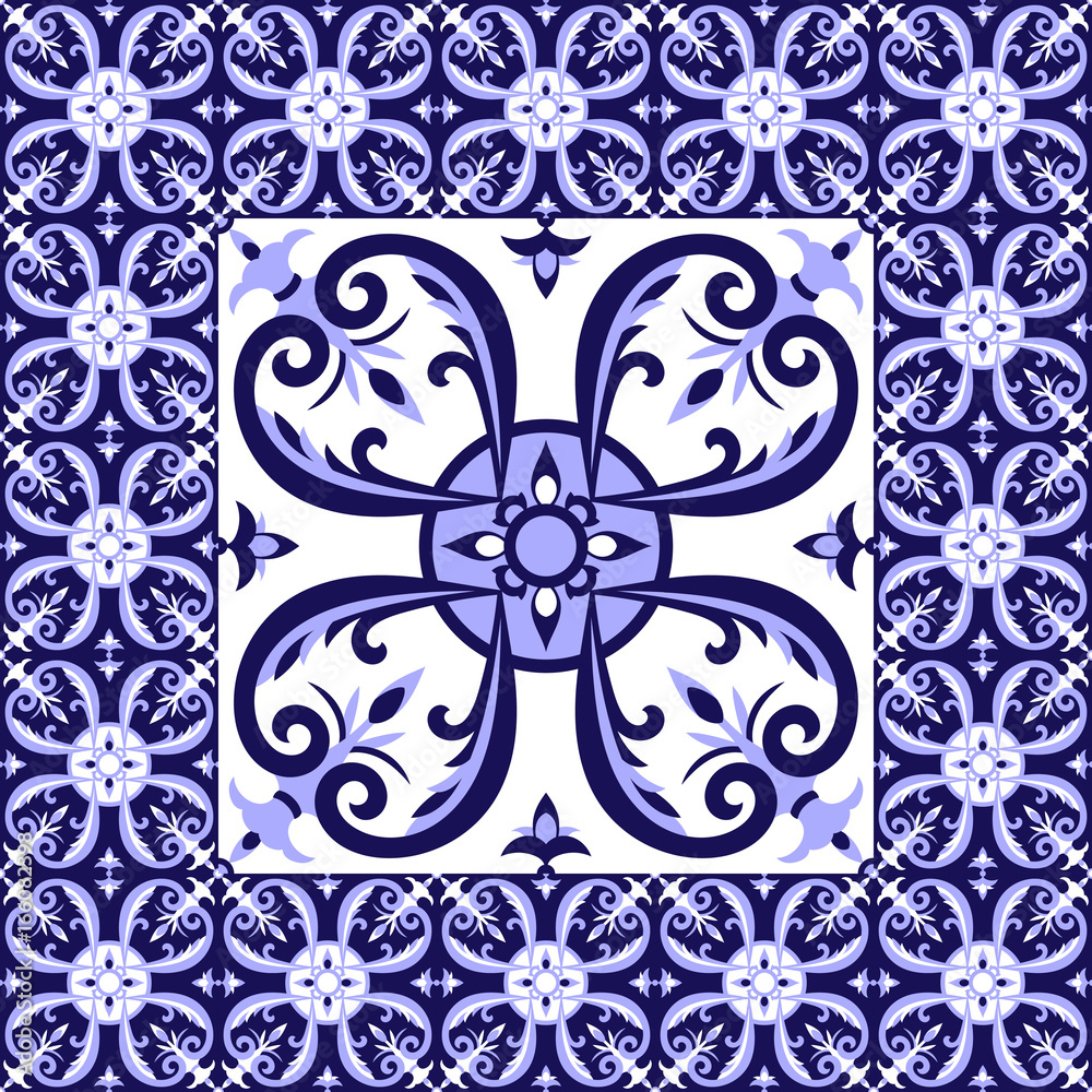 Flowers white blue tiles floor pattern vector with ceramic tiles. Big tile  in center is framed in small. Background with portuguese azulejo, mexican  talavera, spanish or italian majolica motifs. Stock-vektor | Adobe