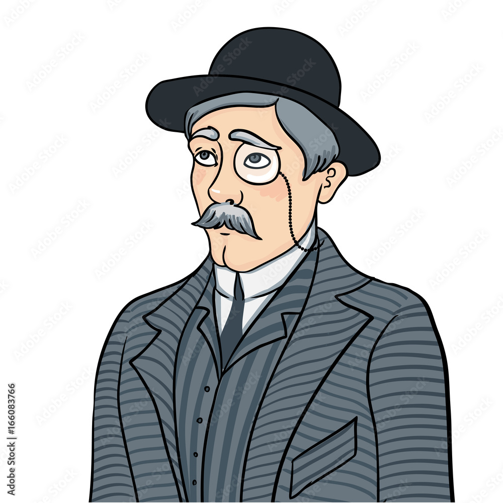 English man. Gentleman in bowler hat, monocle and smocking tobacco pipe. Vector illustration isolated on white background.