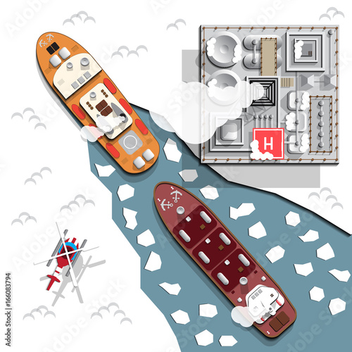 The drilling rig located in the arctic. View from above. Vector illustration.