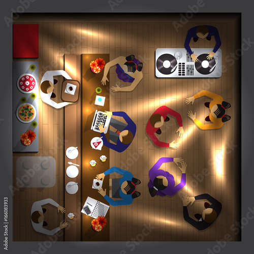 People dancing in nightclub. View from above. Vector illustration.