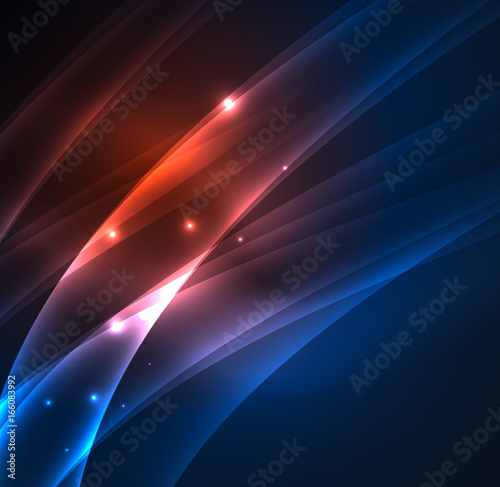 Energy lines, glowing waves in the dark, vector abstract background