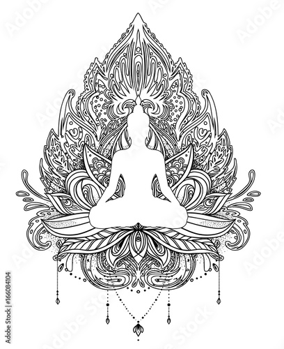 Vector ornamental Lotus flower with silhouette of Buddha, ethnic art, Indian paisley. Hand drawn illustration. Invitation element. Tattoo, spirituality, boho, magic symbol.