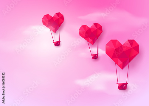 Hot air balloons Heart shaped flying on pink sky background. Low polygonal and origami style design