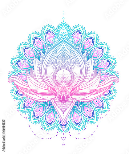 Mandala. Beautiful vintage round pattern. Vector illustration. Psychedelic neon composition. Indian, Buddhism, Spiritual Tattoo, yoga, spirituality.