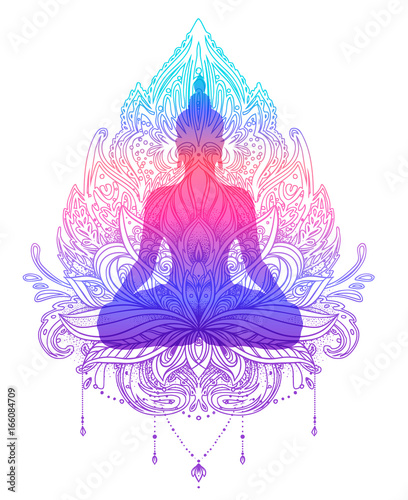 Sitting Buddha silhouette over ornamental Lotus flower. Esoteric vector illustration. Vintage decorative, Indian, Buddhism, spiritual art. Hippie tattoo, spirituality.