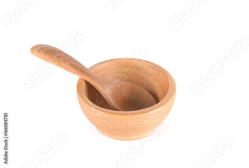 wooden bowl and spoon on white background
