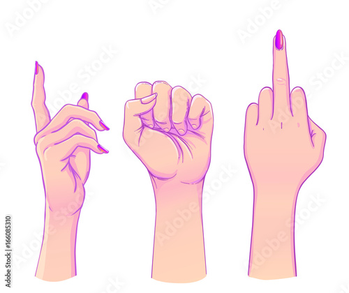 Human palm raised up. Set of hands in different gestures emotions and signs.