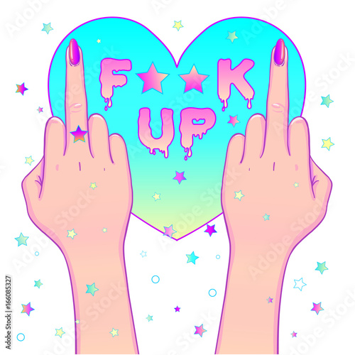 Female hand showing middle finger over f-word. Feminism concept. Realistic style vector illustration in pink pastel goth colors isolated on white. Sticker, patch.