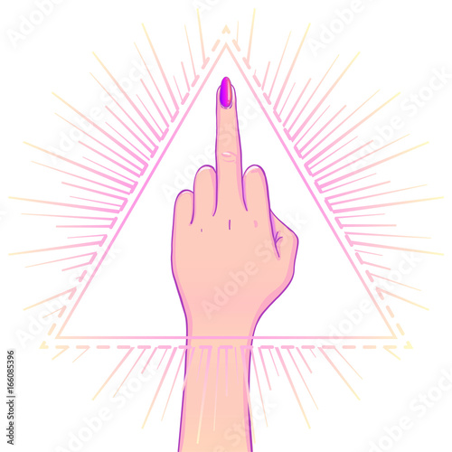Female hand showing middle finger over triangle with rays. Feminism concept. Realistic style vector illustration in pink colors.