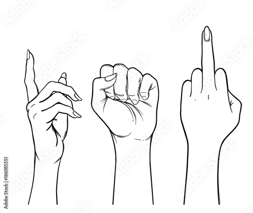 Human palm raised up. Set of hands in different gestures. Vector illustration isolated on white.