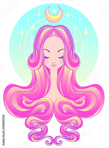 Cute teen girl with closed eyes and long hair. Mix of art nouveau and kawaii gothic style. Hipster, pastel goth, vibrant colors isolated. Vector illustration.