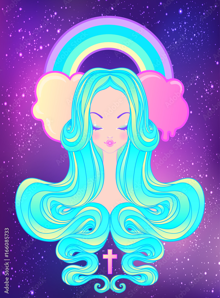 Cute teen girl with closed eyes and long hair. Mix of art nouveau and kawaii gothic style. Hipster, pastel goth, vibrant colors isolated. Vector illustration.